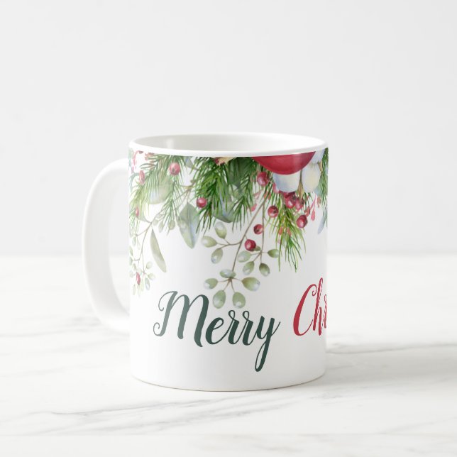Merry Christmas Floral wreath red green Coffee Mug (Front Left)