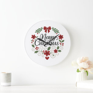 Merry Christmas Floral Wreath Wall Clock