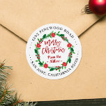 Merry Christmas Floral Wreath Your Return Address Classic Round Sticker<br><div class="desc">The floral wreath with "Merry Christmas" creates an elegant and warm design for your envelopes. These stickers are ideal for sealing your Christmas cards,  holiday party invitations,  or gifts during the holiday season. Customise the stickers using Zazzle's design tool to include your name,  address,  or a personalised holiday message.</div>