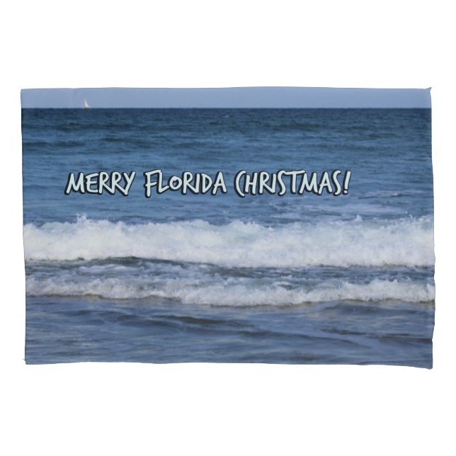 Merry Christmas Florida Style Over Deep Blue Ocean Pillowcase (Front-Left)