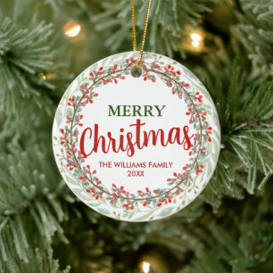Merry Christmas Flower Wreath Family Name Ceramic Tree Decoration