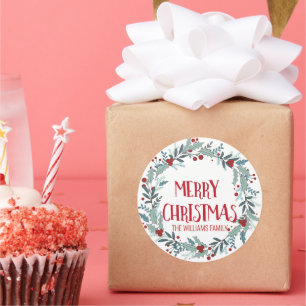 Merry Christmas Flower Wreath Family Name Classic Round Sticker