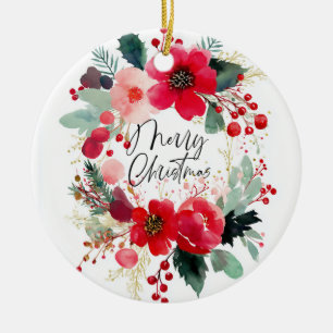 Merry Christmas Flower Wreath Holiday Ceramic Tree Decoration