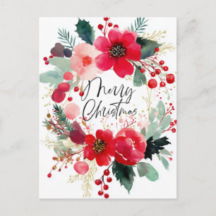 Merry Christmas Flower Wreath Holiday Postcard