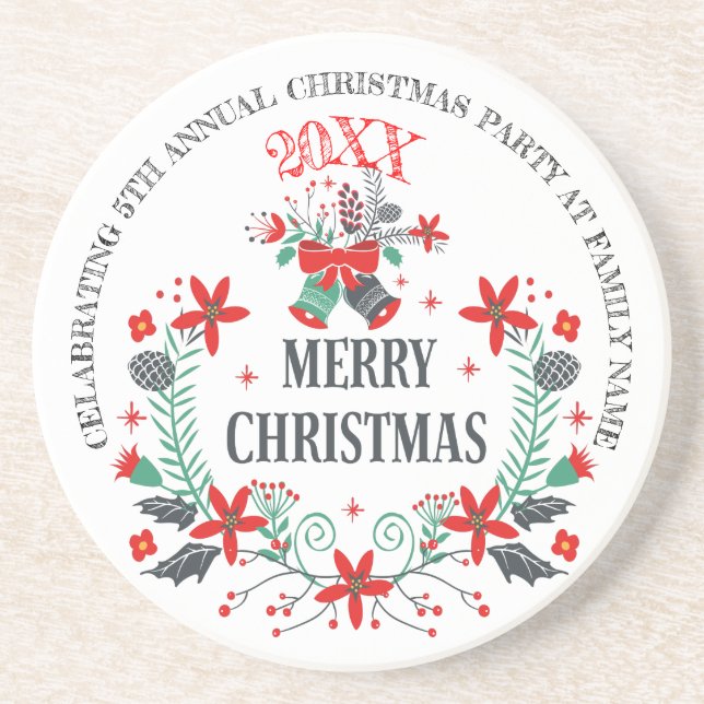 Merry Christmas Flowers Wreath & Typography Design Coaster (Front)