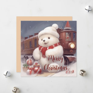 Merry Christmas - Fluffy Polar Bear and Train Card