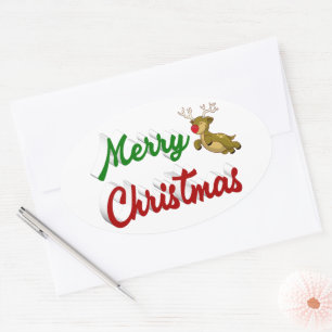 Merry Christmas Flying Reindeer red green script Oval Sticker