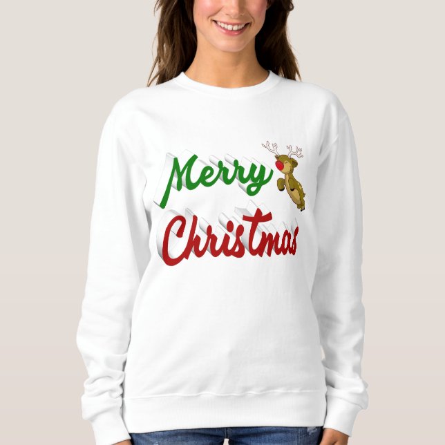 Merry Christmas Flying Reindeer red green script Sweatshirt (Front)