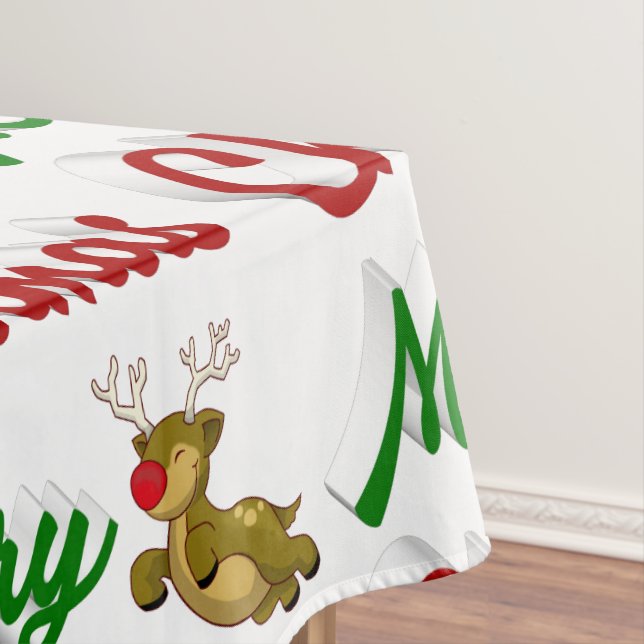 Merry Christmas Flying Reindeer red green script Tablecloth (In Situ)