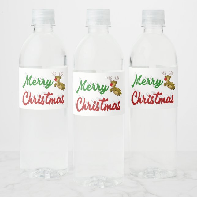 Merry Christmas Flying Reindeer red green script Water Bottle Label (Bottles)