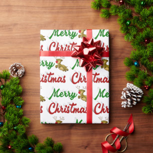 Merry Christmas Flying Reindeer red green script Wrapping Paper