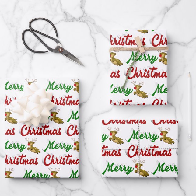 Merry Christmas Flying Reindeer red green script Wrapping Paper Sheet (Front)