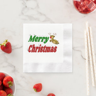 Merry Christmas Flying Reindeer typography Napkin