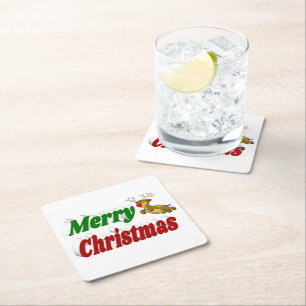 Merry Christmas Flying Reindeer typography  Square Paper Coaster