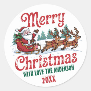 Merry Christmas Flying Santa Sleigh Reindeer  Classic Round Sticker