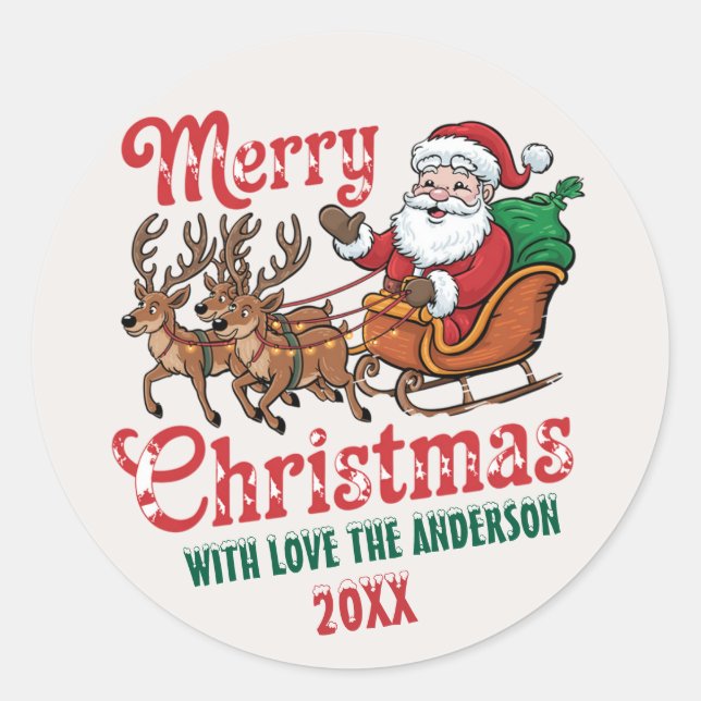 Merry Christmas Flying Santa Sleigh Reindeer  Classic Round Sticker (Front)