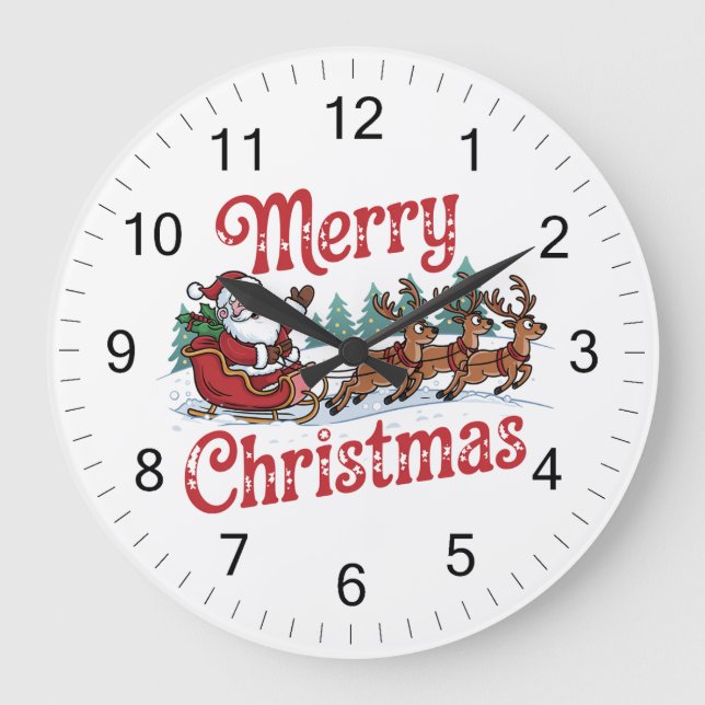 Merry Christmas Flying Santa Sleigh Reindeer       Large Clock (Front)
