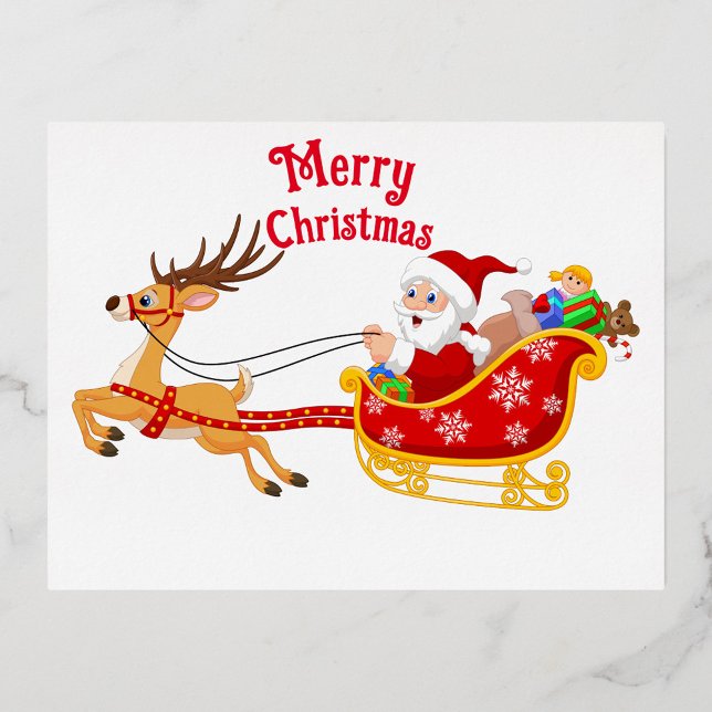 Merry Christmas  Foil Holiday Postcard (Cartoon illustration of Santa Claus riding in a red and gold sleigh pulled by a reindeer.)