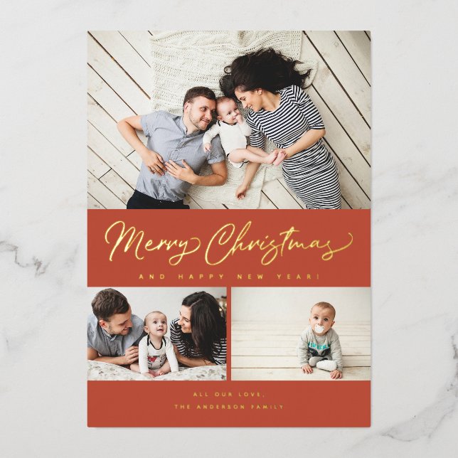 Merry Christmas Foil Script 3 Collage Multi-Photo Foil Holiday Card (Front)
