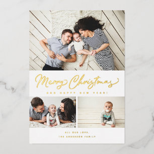 Merry Christmas Foil Script 3 Collage Multi-Photo Holiday Card