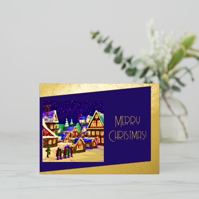 Merry Christmas Foil - village in the snow Foil Holiday Postcard (Standing Front)