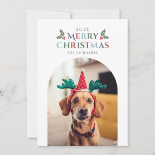 Merry Christmas Foliage Family Pet Photo Holiday Card
