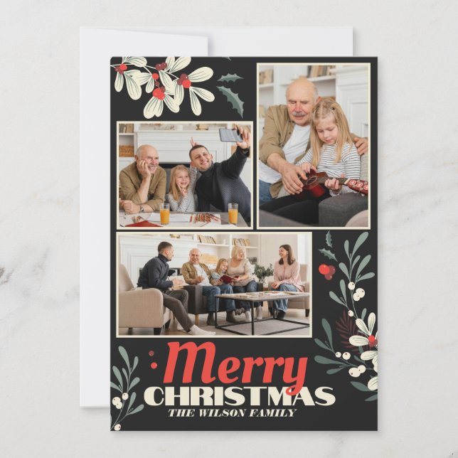 Merry Christmas Foliage Family Photo Collage Holiday Card (Front)