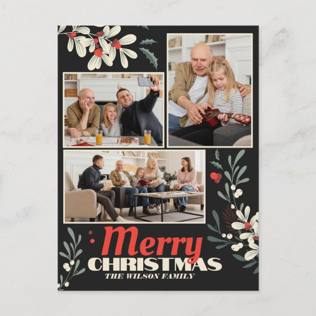 Merry Christmas Foliage Family Photo Collage Holiday Postcard (Front)