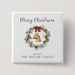 Merry Christmas, foliage wreath with golden bells 15 Cm Square Badge