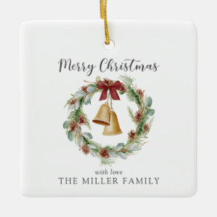 Merry Christmas, foliage wreath with golden bells Ceramic Ornament