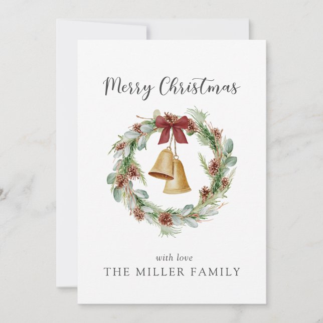 Merry Christmas Foliage Wreath with golden bells. Holiday Card (Front)