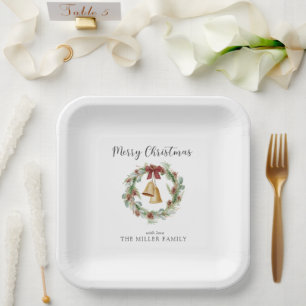 Merry Christmas, foliage wreath with golden bells Paper Plate