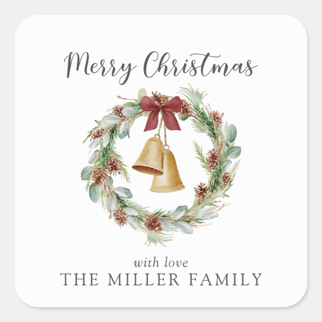 Merry Christmas, foliage wreath with golden bells Square Sticker (Front)