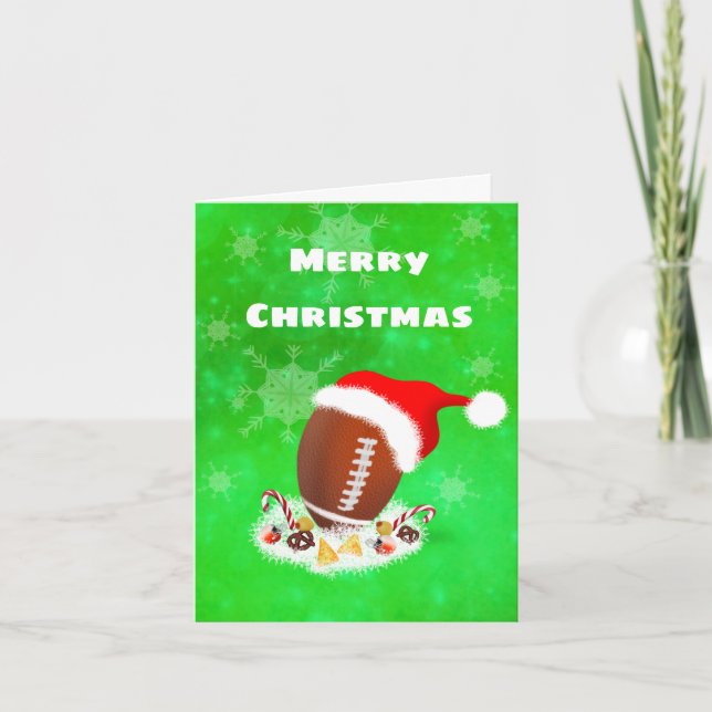 Merry Christmas Football With Santa Hat And Snacks Holiday Card (Front)