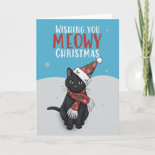 Merry Christmas For Anyone Cute Cat Snow With Hat  Holiday Card