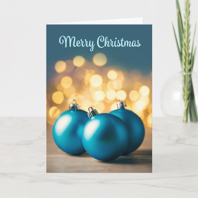 Merry Christmas For Anyone Three Blue Ornaments Holiday Card (Front)
