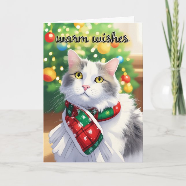 Merry Christmas For Anyone Warm Wishes Cute Cat Holiday Card (Front)