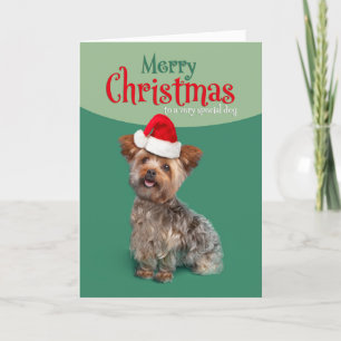Merry Christmas For Dog Cute Yorkie in Santa Hat Holiday Card