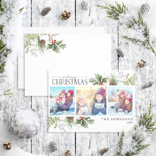 Merry Christmas Forest Berry Pinecone Photo Holiday Card