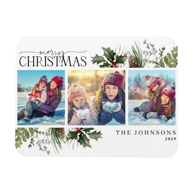 Merry Christmas Forest Berry Pinecone Photo Magnet (Horizontal)