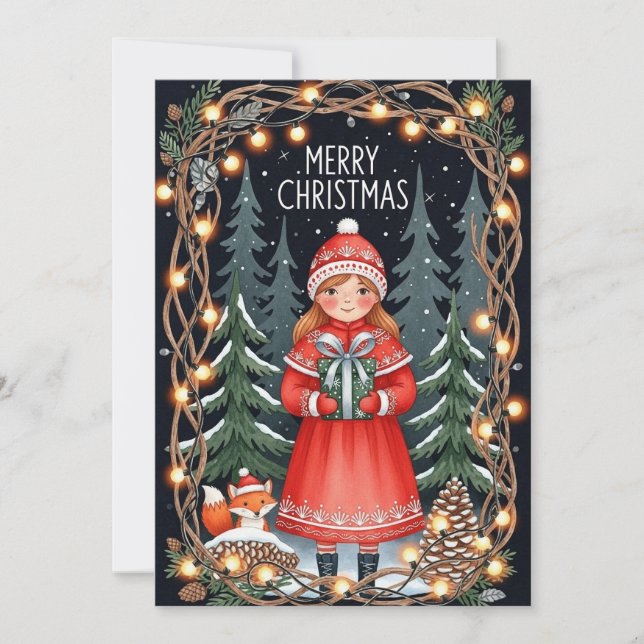Merry Christmas Forest Girl Card (Front)