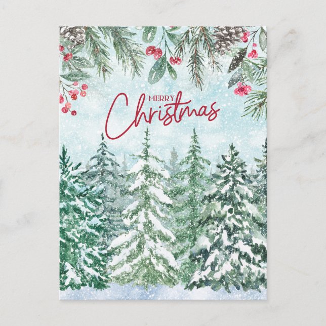 Merry Christmas Forest, Red Berries, Pinecones  Holiday Postcard (Front)