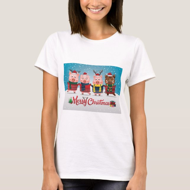 Merry Christmas Four Little Pigs T-Shirt (Front)