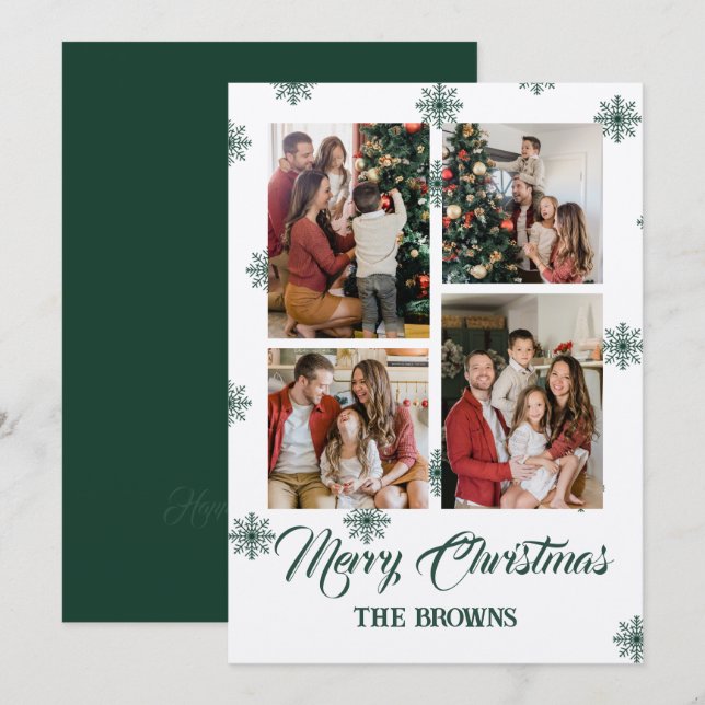 Merry Christmas Four Photo Collage Green Beige Holiday Card (Front/Back)