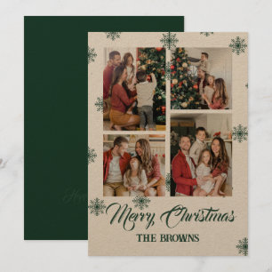 Merry Christmas Four Photo Collage Green Beige Holiday Card