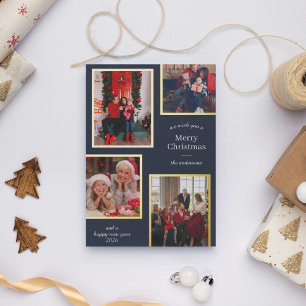 Merry Christmas Four Photos Classic Stripes Navy Foil Holiday Card