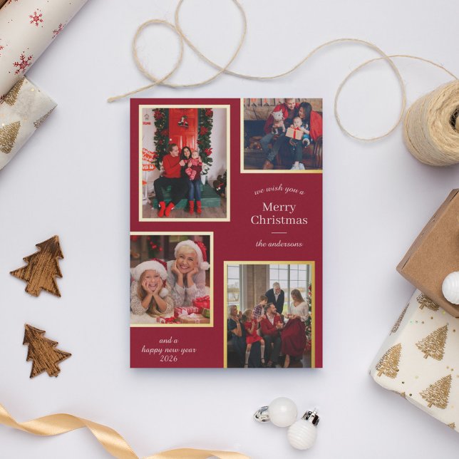 Merry Christmas Four Photos Classic Stripes Red Foil Holiday Card (Creator Uploaded)