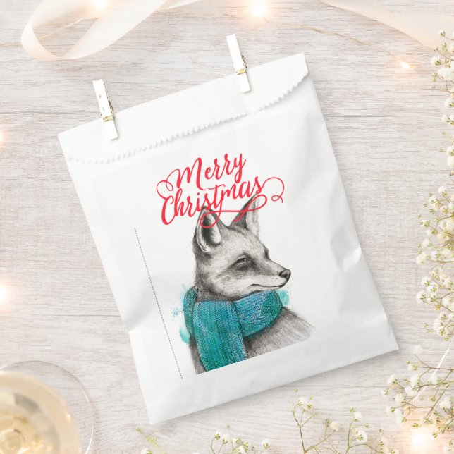 Merry Christmas Fox Drawing Favour Bags (Clipped)
