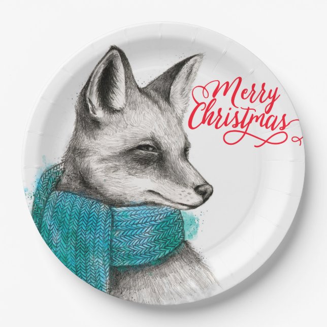 Merry Christmas Fox Drawing Paper Plate (Front)