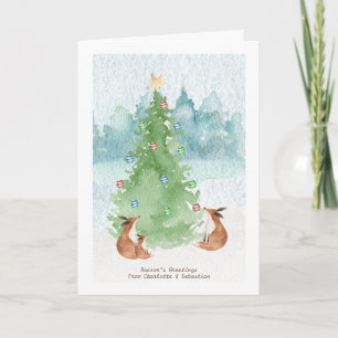 Merry Christmas Fox Family With Tree Watercolor Card